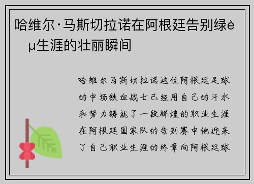 哈维尔·马斯切拉诺在阿根廷告别绿茵生涯的壮丽瞬间