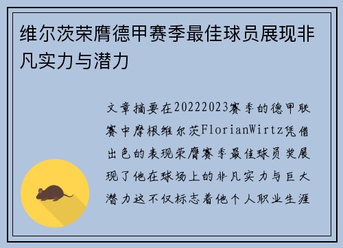 维尔茨荣膺德甲赛季最佳球员展现非凡实力与潜力